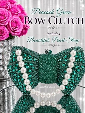 NEW Bow Clutch Purse Sparkling Bling Crystal Rhinestone Bag With Pearl Strap